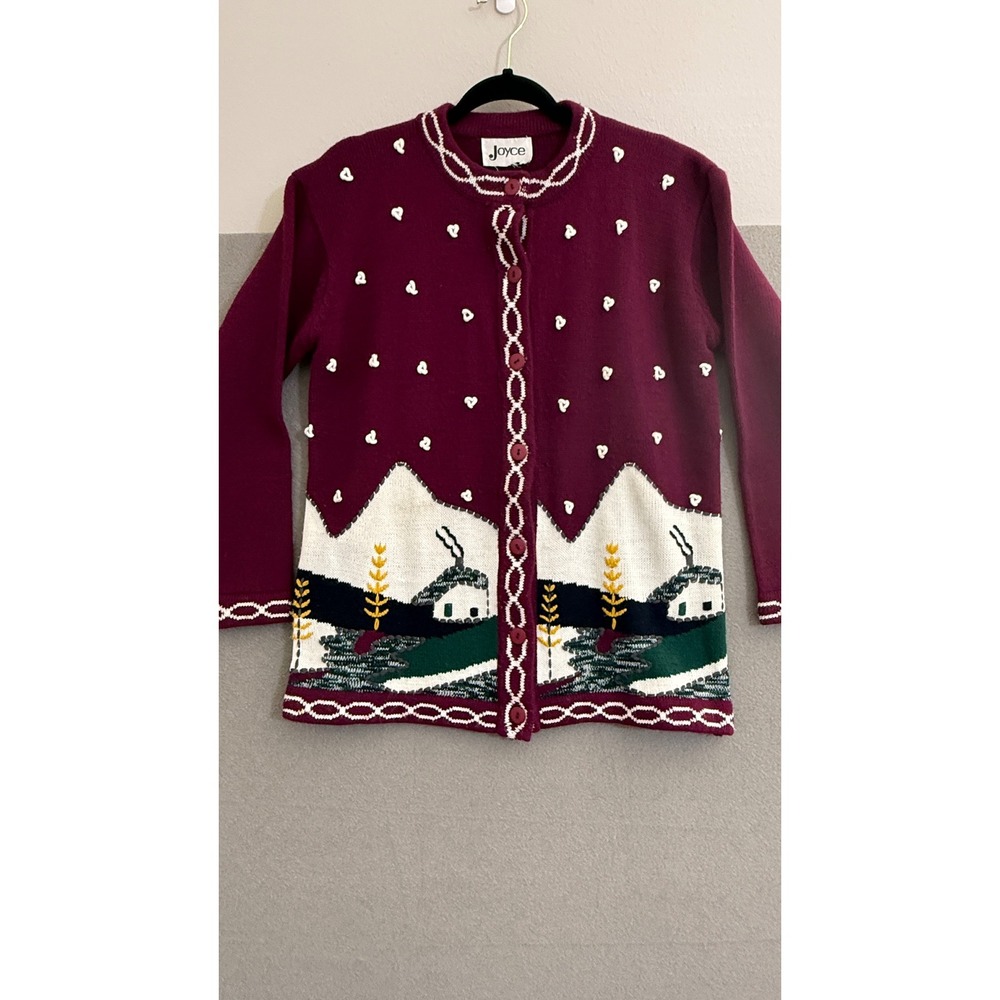 Vtg Knit‎ Cardigan Winter cabin Scene Buttons Embroidered M cottagecore
